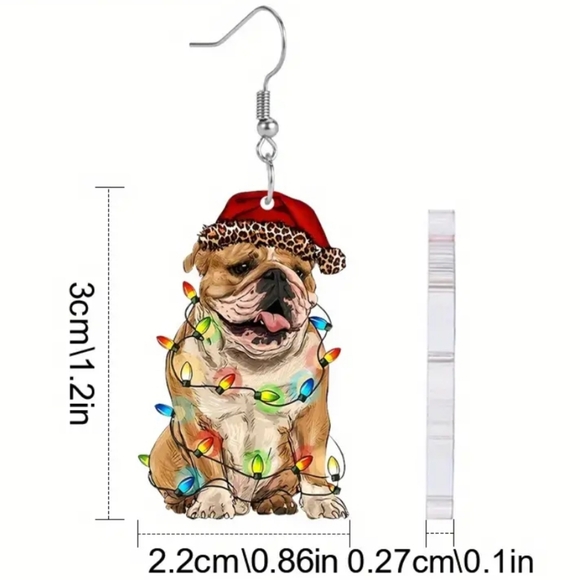 Bulldog Holiday Acrylic Dangle Christmas Earrings. NWOT - Picture 4 of 4